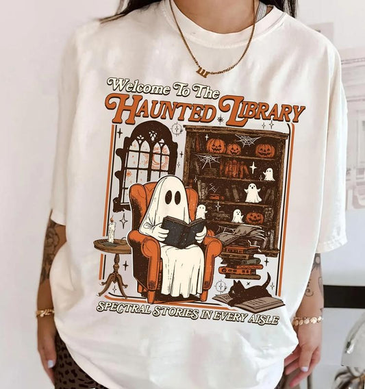 Welcome To the Haunted Library Sweatshirt, Ghost Reading T-Shirt, Halloween Bookish Tee Shirt, Pumpkin Season Shirt