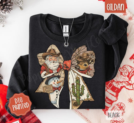 Western Christmas Bow Sweatshirt, Trendy Women's Holiday Sweater