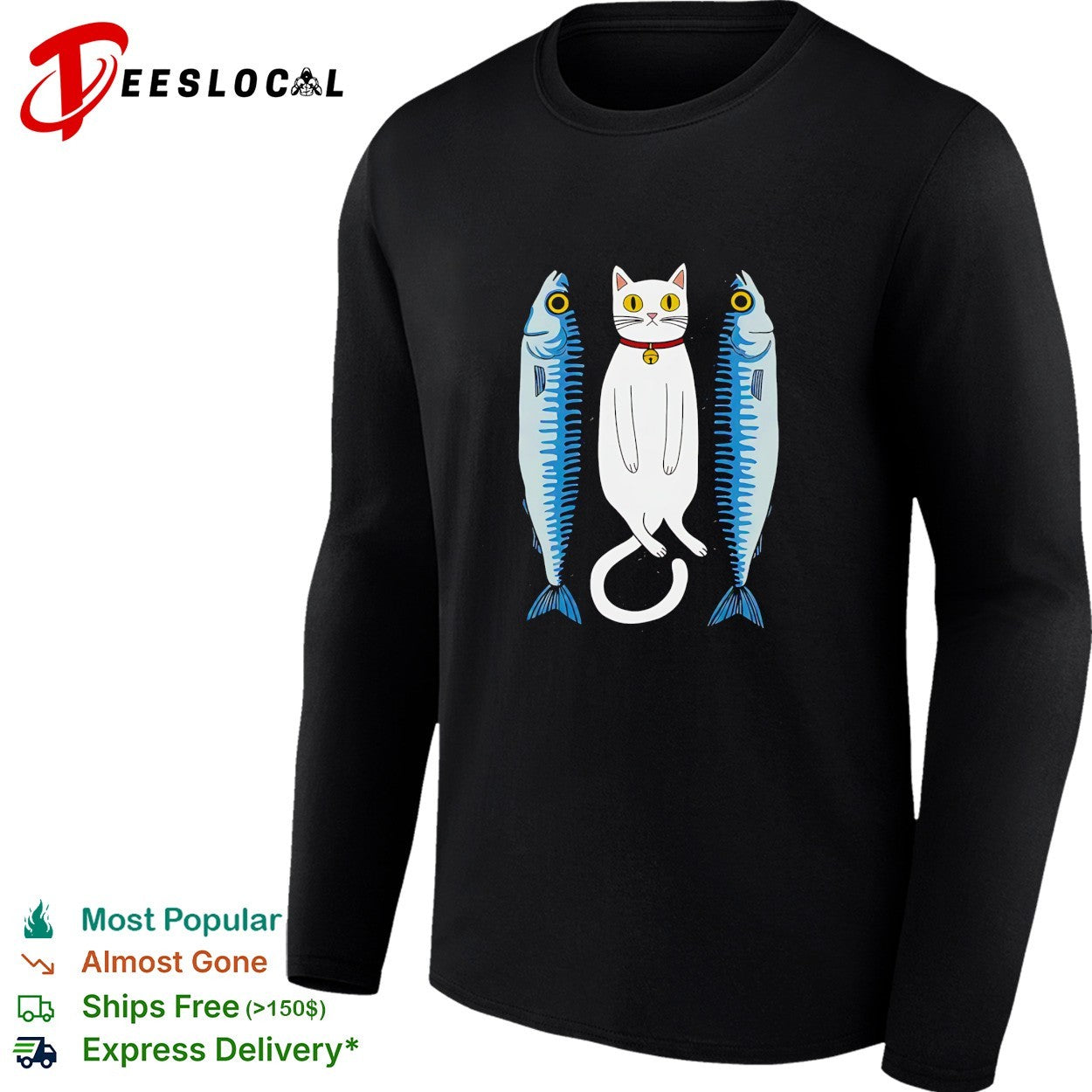 White cat with two fish meme shirt