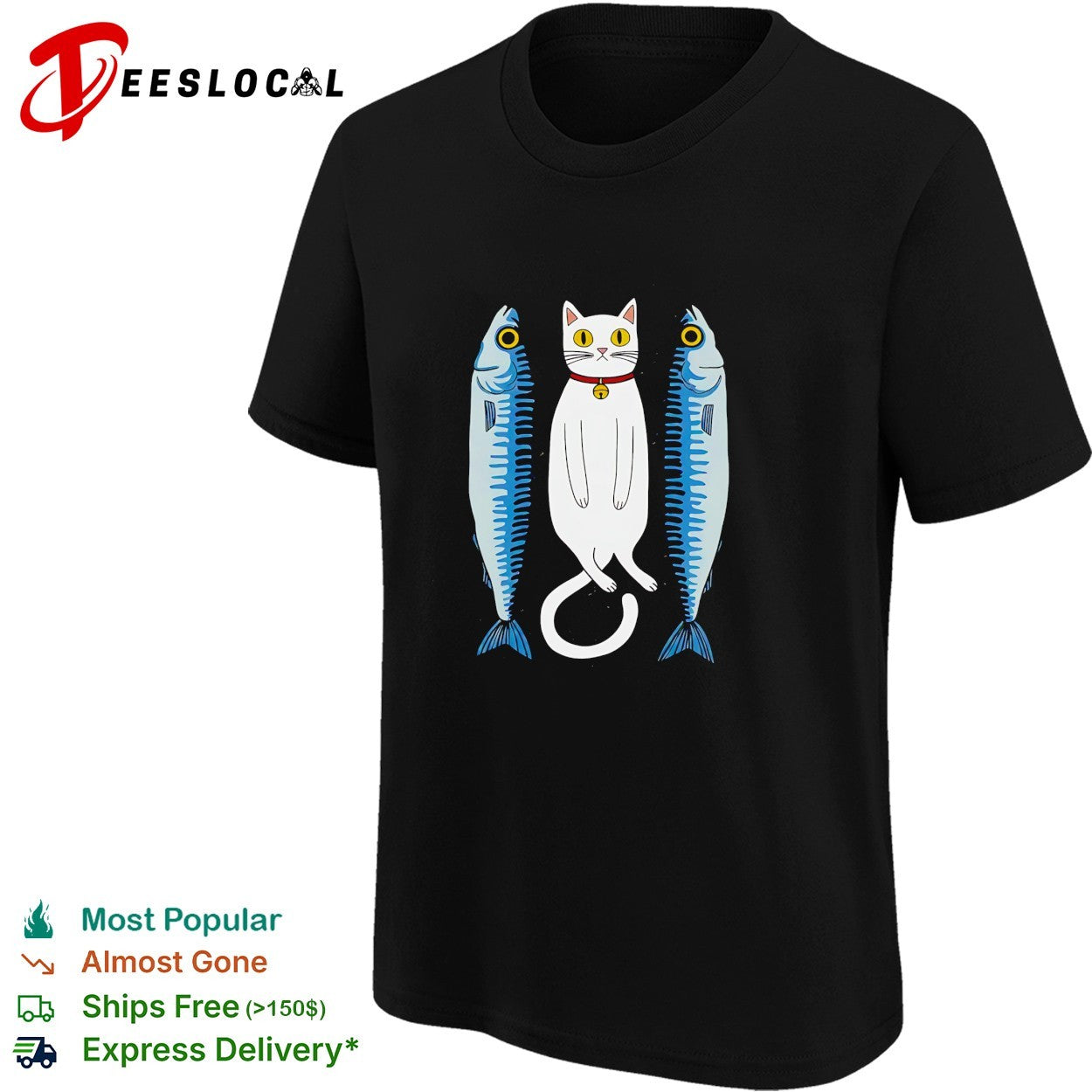 White cat with two fish meme shirt