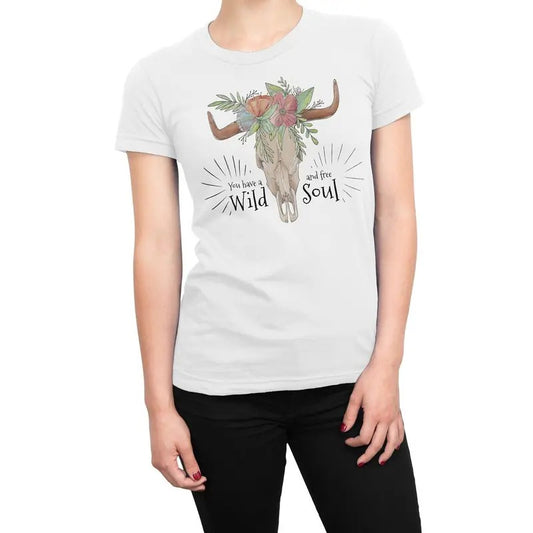 Wild and Free Soul Cow Skull Women's T-Shirt Casual Crewneck