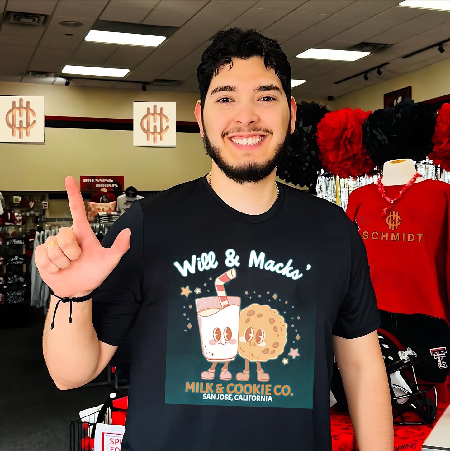 Will and Macks’ Milk and Cookie CO graphic shirt.