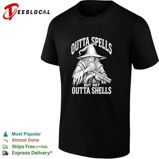 Wizard holding shotgun Outta spells but not outta shells shirt