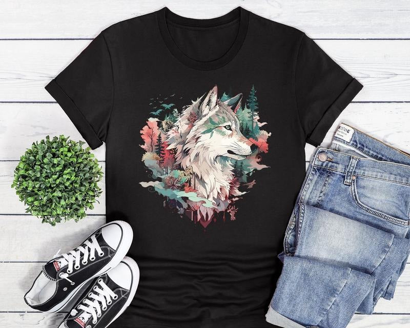 Wolf T Shirt Hoodie Sweater Wolf Head Nature Adventure Wilderness Forest Trees Gift Watercolor Colorful Sweatshirt Hoodie
