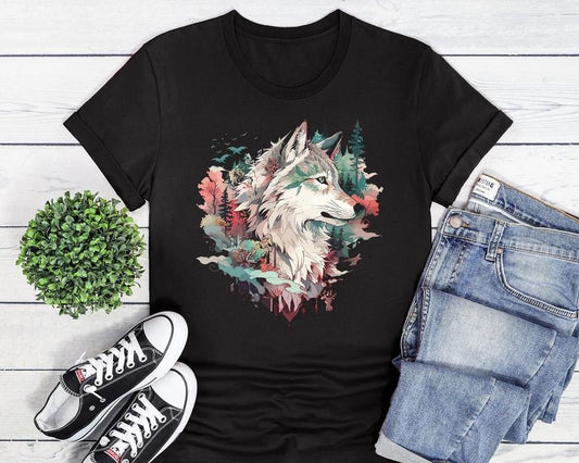 Wolf T Shirt Hoodie Sweater Wolf Head Nature Adventure Wilderness Forest Trees Gift Watercolor Colorful Sweatshirt Hoodie
