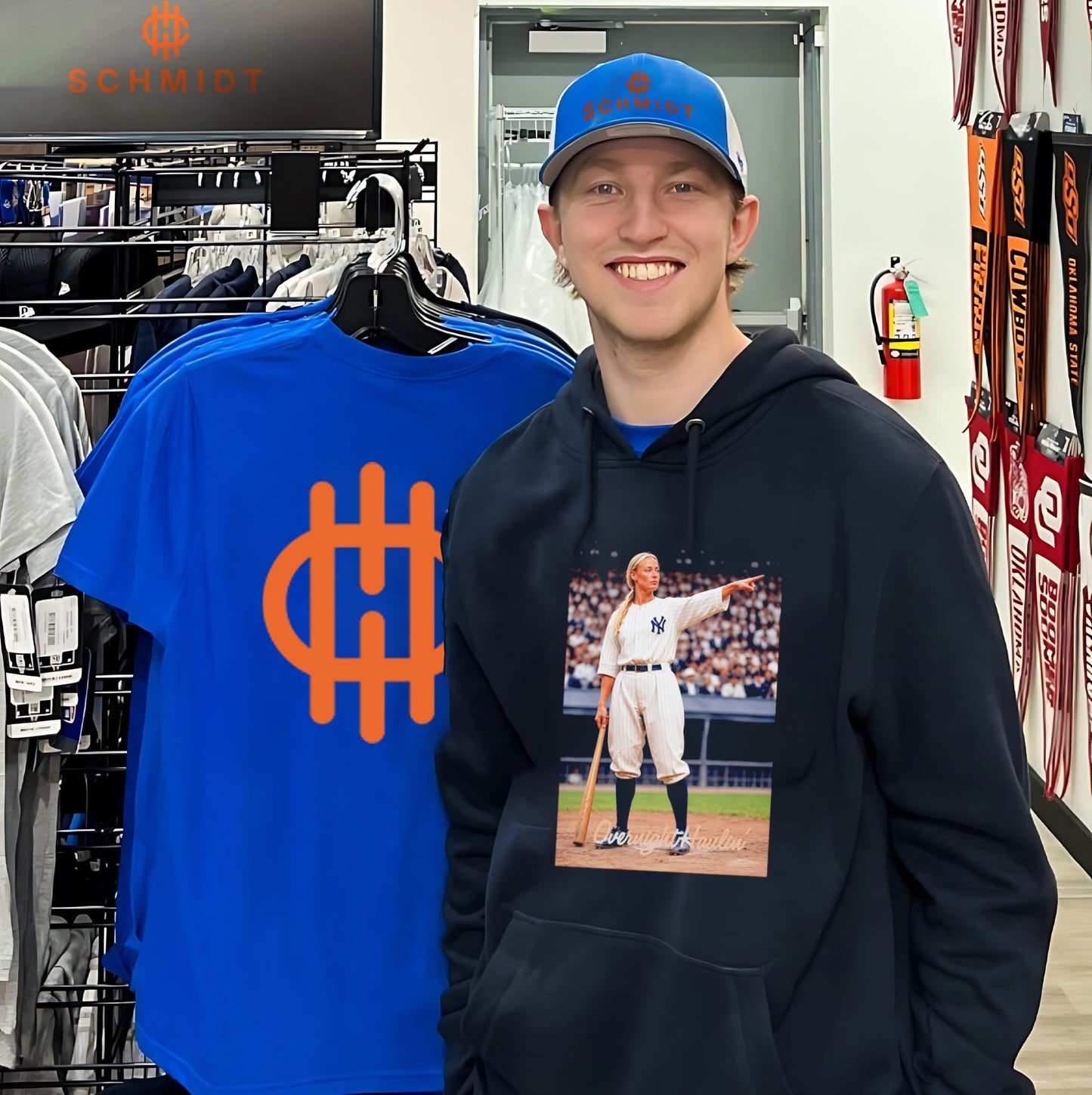 Woman Pointing in New York Yankees Uniform shirt