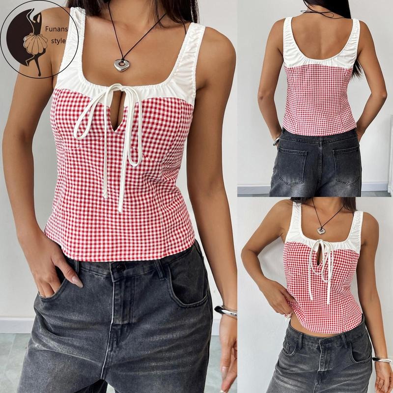 Women Camisoles Plaid Patchwork Tie-Up Front Casual Tank Tops Summer Fashion Sleeveless Tops Streetwear