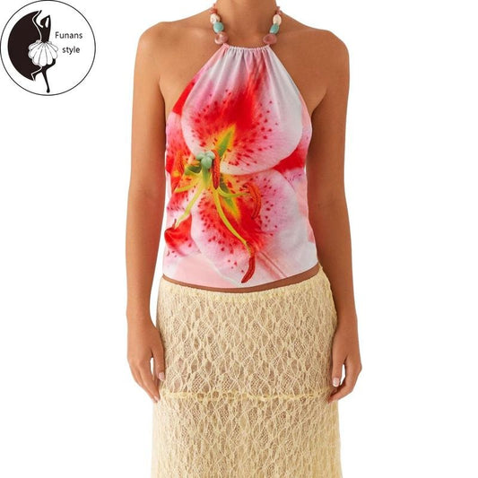 Women Floral Halter Cami Tops Tie-up Open Back Sleeveless Crop Tops