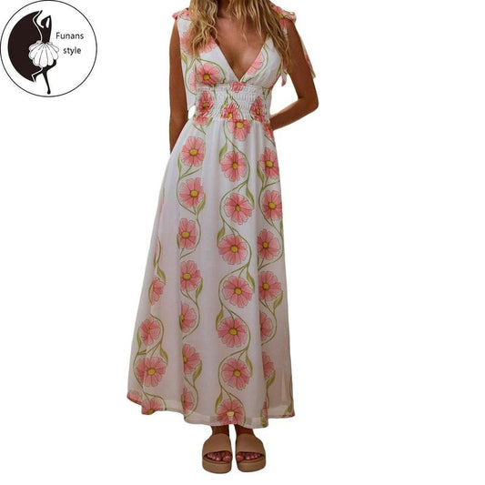 Women Floral Tie Shoulder Dress Deep V Neck Smocked Waist Sleeveless Backless A-line Long Tank Dress