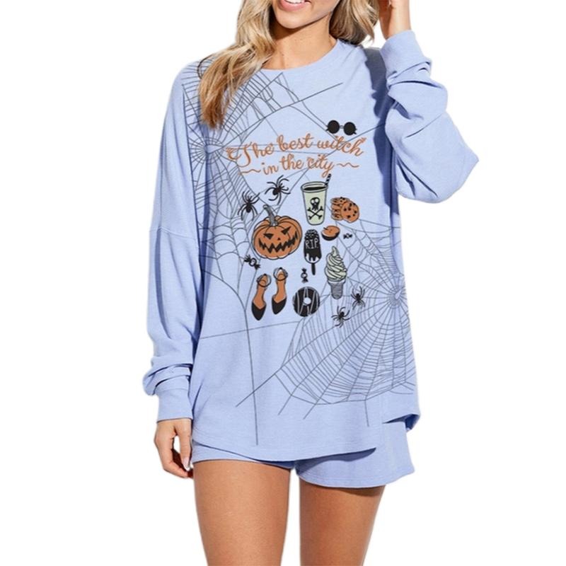 Women Halloween Pajamas Lounge Set Pumpkin Print Long Sleeve Tops and Shorts 2 Piece Loungewear Outfits