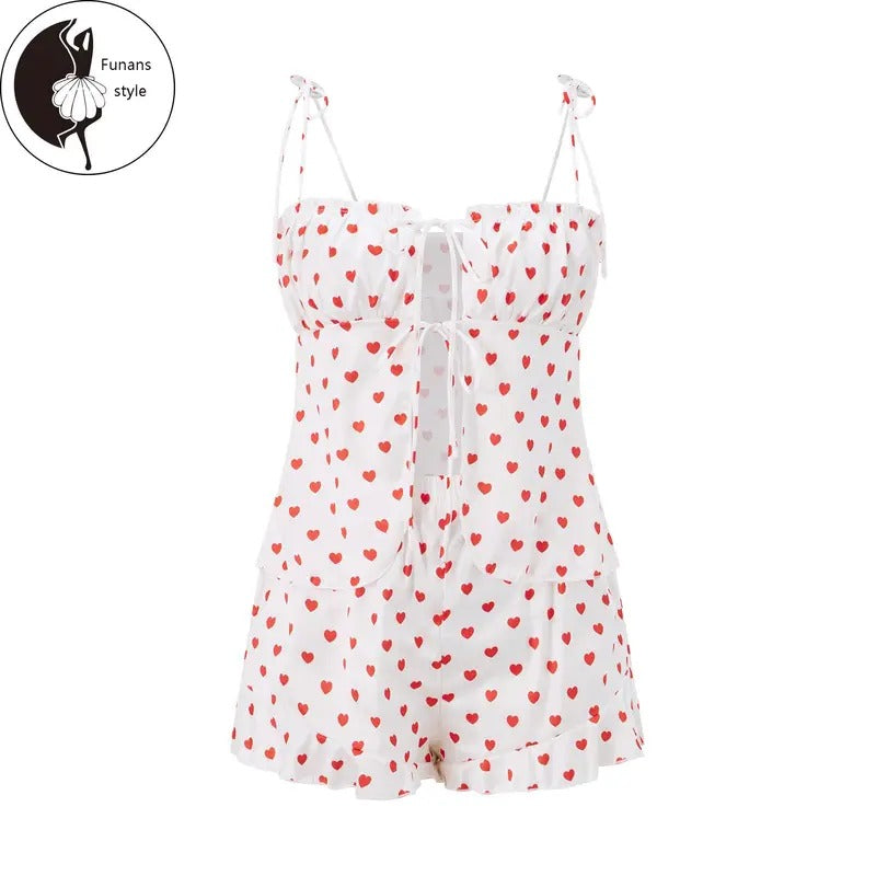 Women Heart Print Outfit Split Front Tie Shoulder Tops Mini Ruffle Shorts 2 Piece Casual Outfit