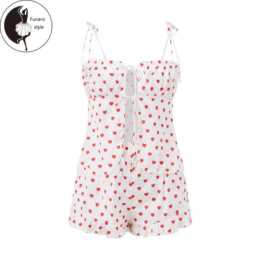 Women Heart Print Outfit Split Front Tie Shoulder Tops Mini Ruffle Shorts 2 Piece Casual Outfit