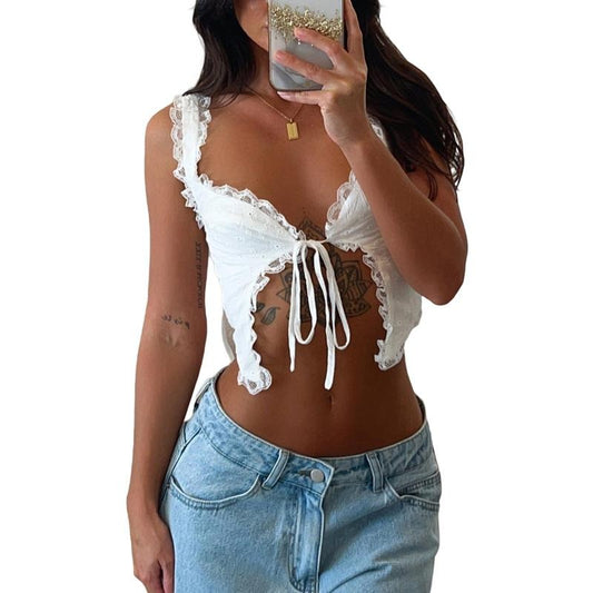 Women Lace Trim Camisoles Back Double Spaghetti Straps Tie-Up V-Neck Sleeveless Sling Tank Tops Summer Vests Crop Tops Polyester Womenswear plain casual