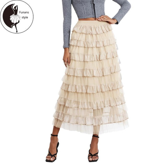 Women Long Cake Skirt Solid Color High Rise Layered Ruffled A-line Tulle Skirt for Daily Office