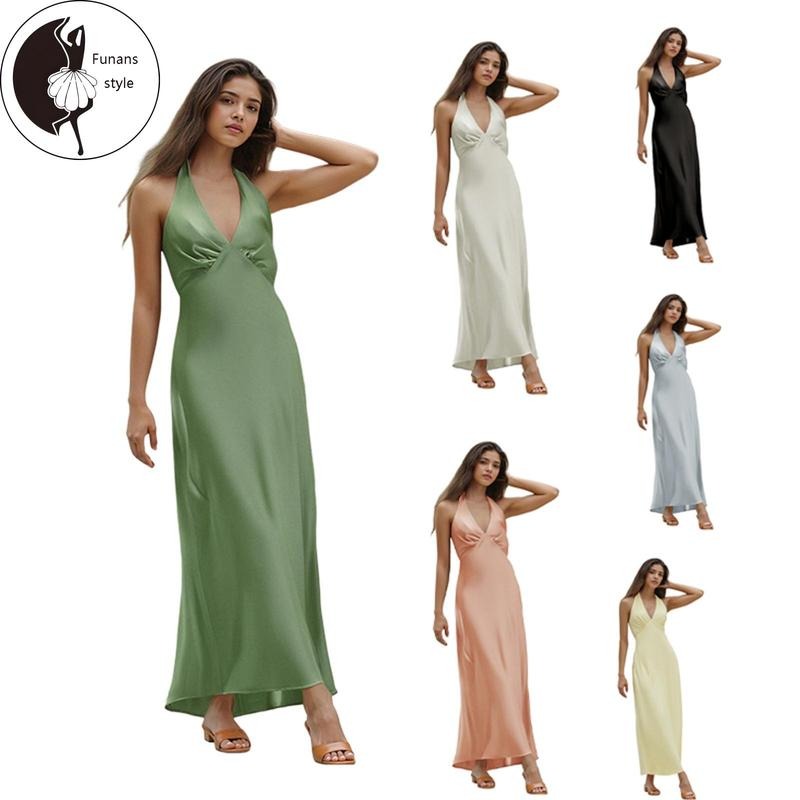 Women Long Dress Solid Color V-Neck Tie-Up Halter Neck Backless Dress Summer Fashion Sleeveless Casual Dress