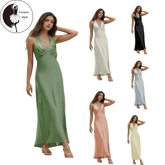 Women Long Dress Solid Color V-Neck Tie-Up Halter Neck Backless Dress Summer Fashion Sleeveless Casual Dress