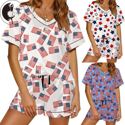 Women Pajama Set, Flags Stars Print Short Sleeve V-neck T-shirt with Shorts Sleepwear Loungewear