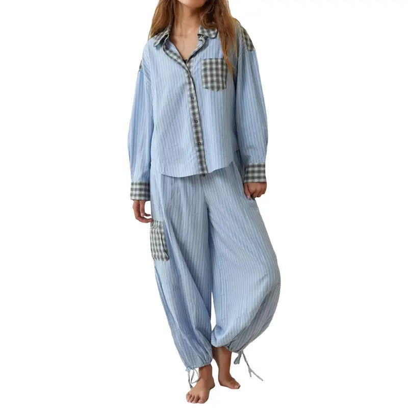 Women Plaid Pajama Set Long Sleeve Button Down Patchwork Lapel Neck Shirt Matching Elastic Waist Drawstring Cuffs Pants Suits Sleepwear Loungewear