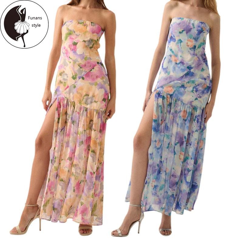 Women Summer Long Bandeau Dress Sleeveless Off Shoulder Flower Print Tube Top Dress