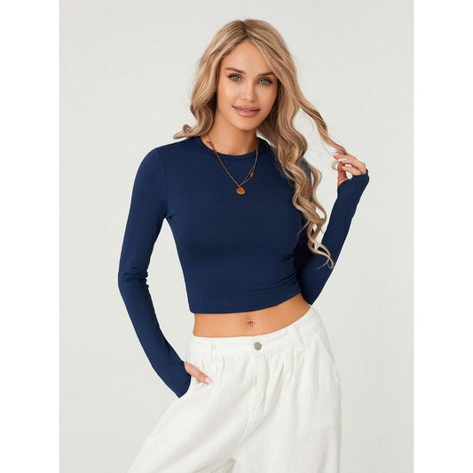 Women T-shirt, Long Sleeve Crew Neck Solid Slim Fit Ladies Crop Top with Thumb Holes for Daily Street Spandex Womenswear