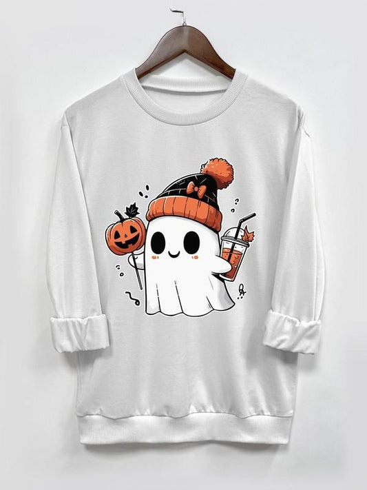 Women's  Cartoon Ghost & Pumpkin Print Drop Shoulder Sweatshirt, Casual Long Sleeve Round Neck Pullover for Daily Wear, Ladies Fall & Winter Clothes