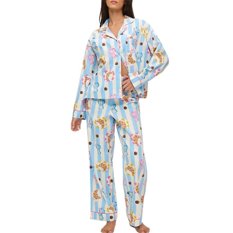Women's 2 Piece Lounge Set Long Sleeve Pattern Print Shirt Wide Leg Pants Sleepwear Sets Loungewear Pajama