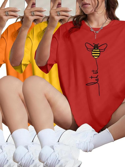 Women's Bee & Letter Print Round Neck Tee, Casual Short Sleeve Crew Neck T-shirt for Daily Wear, Ladies Clothes for All Seasons, Top