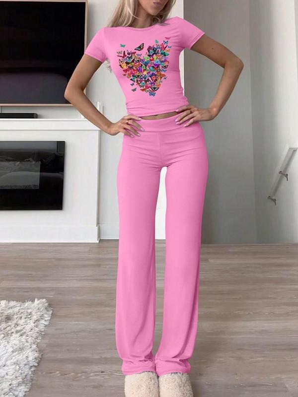 Women's Butterfly  Print Crop Tee & Flare Leg Pants Two-piece Set, Casual Fashion Cozy Round Neck Long Sleeve Top & Bell Bottom Trousers for Daily Outdoor Wear, Women's Clothing for Fall