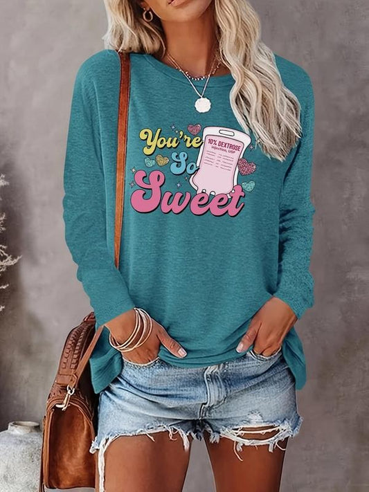 Women's Cartoon & Letter Print Round Neck Tee, Casual Long Sleeve Crew Neck T-shirt for Spring & Fall, Women's Top for Daily Wear