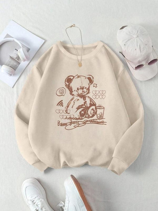 Women's Cartoon Bear Print Drop Shoulder Sweatshirt, Casual Long Sleeve Round Neck Pullover for Daily Wear, Ladies Clothes for All Seasons