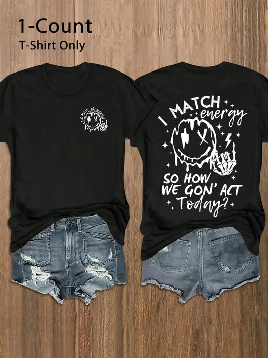 Women's Cartoon Face & Letter Print Round Neck Tee, Trendy Casual Short Sleeve T-Shirt for Daily Wear, Ladies Summer Outfit