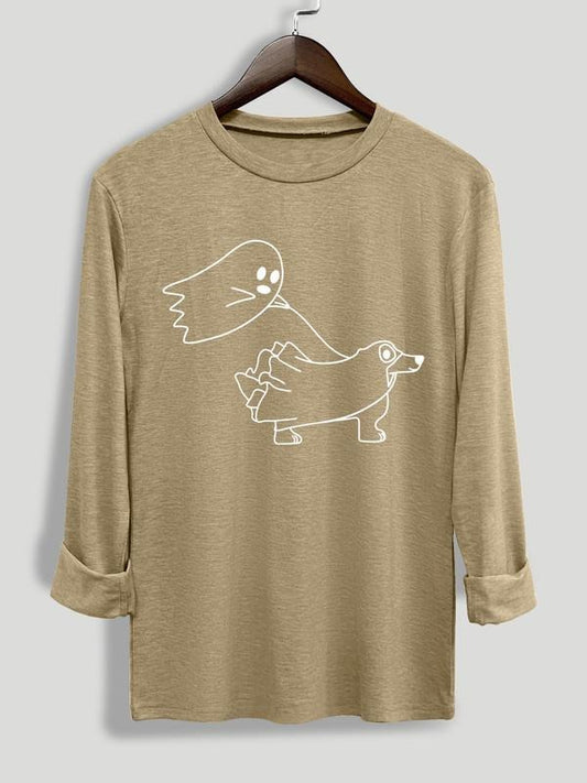 Women's Cartoon Ghost Print Round Neck Tee, Casual Halloween Long Sleeve Crew Neck T-shirt for Daily Wear, Ladies Clothing for All Seasons