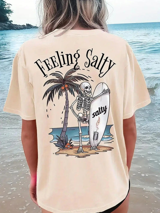 Women's Cartoon Skeleton & Letter Print Round Neck Tee, Trendy Casual Drop Shoulder Short Sleeve T-Shirt for Daily Wear, Ladies Summer Outfit