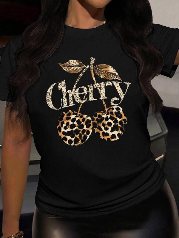 Women's Cherry & Letter Print Round Neck Tee, Casual Short Sleeve Crew Neck T-Shirt for Summer, Fashion Women's Top for Daily Wear