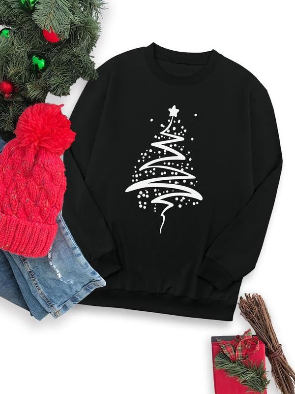 Women's Christmas Tree Print Crew Neck Sweatshirt, Casual Long Sleeve Pullover for Fall & Winter, Women's Clothes for...