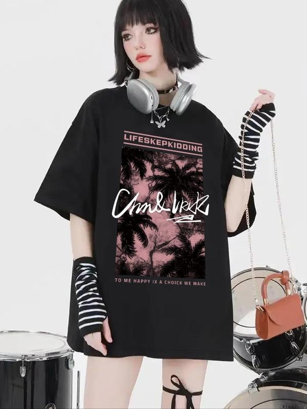 Women's Coconut Tree Letter Print Round Neck Tee, Casual Comfy Drop Shoulder Half Sleeve T-shirt for Daily Wear, Ladies Clothes for All Seasons