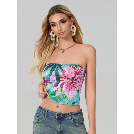 Women's Crop Tube Tops Slim Flower Print Off Shoulder Backless Sleeveless Shirt for Summer Lady Polyester
