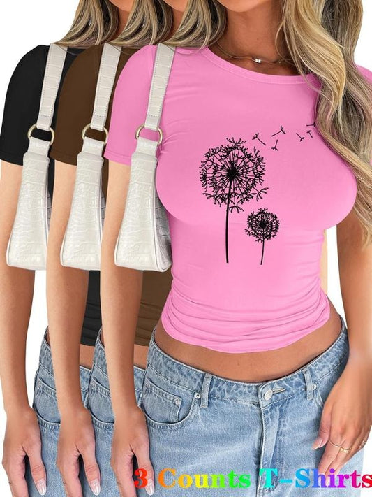 Women's Dandelion Print Short Sleeve Tee, Casual Round Neck T-shirt for Summer, Ladies Clothes for Daily Wear,...