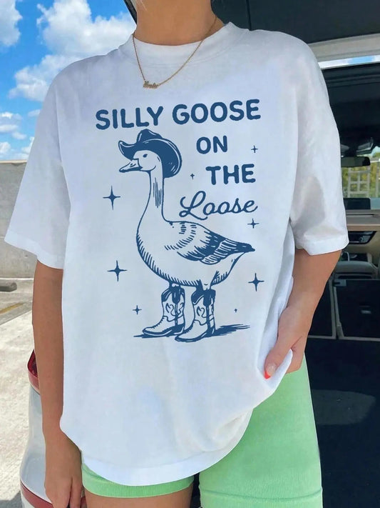 Women's Duck & Letter Print Round Neck Tee, Fashion Casual Drop Shoulder Half Sleeve T-shirt for Daily Wear, Ladies Clothes for All Seasons