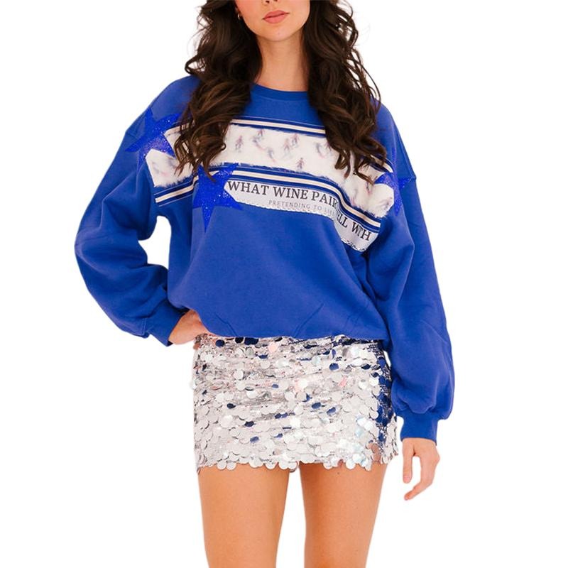 Women's Fall Loose Pullover Ski Queen Pattern Glitter Star Long Sleeve Crew Neck Sweatshirt