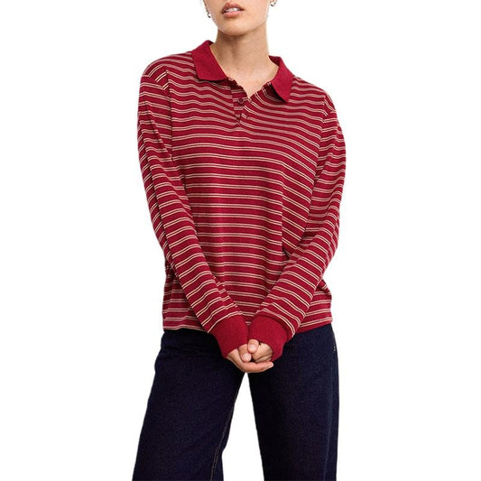 Women's Fall Shirts Loose Fit Cozy Stylish Striped Pattern Button Turn-Down Collar Long Sleeve Tops
