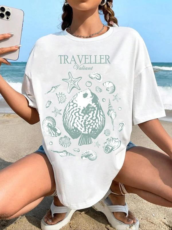 Women's Fish Print Round Neck Graphic Tee, Vintage Trendy Casual Half Sleeve T-shirt For Daily Wear, Ladies All Seasons Outfit