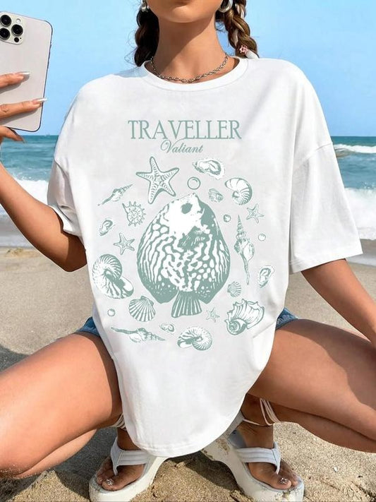 Women's Fish Print Round Neck Graphic Tee, Vintage Trendy Casual Half Sleeve T-shirt For Daily Wear, Ladies All Seasons Outfit