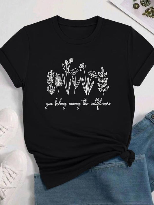 Women's Floral & Letter Print Round Neck Tee, Casual Short Sleeve Crew Neck T-shirt for Daily Wear, Ladies Clothes for All Seasons