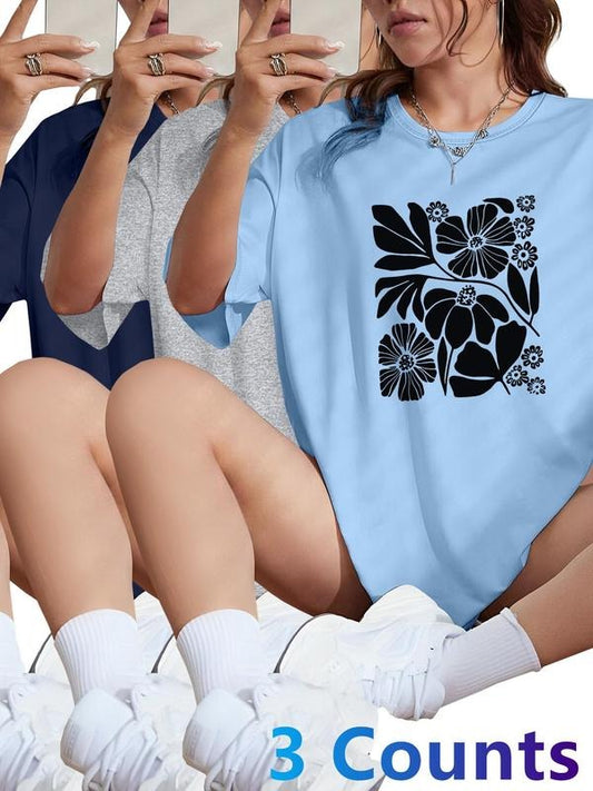 Women's Floral Print Round Neck Tee, Casual Short Sleeve Crew Neck T-shirt for Daily Wear, Ladies Clothes for All Seasons, Topstyle{n002}2