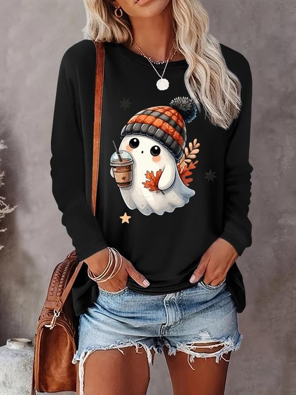 Women's Ghost & Coffee Print Round Neck Tee, Casual Long Sleeve Crew Neck T-shirt  for Fall & Winter, Women's Clothes for Daily Wear