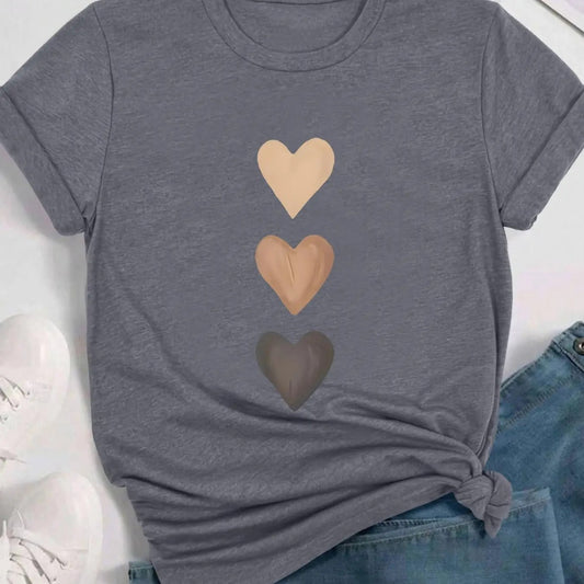 Women's Heart Print Round Neck Tee, Casual Short Sleeve Crew Neck T-shirt for Daily Wear, Ladies Clothes for All Seasons