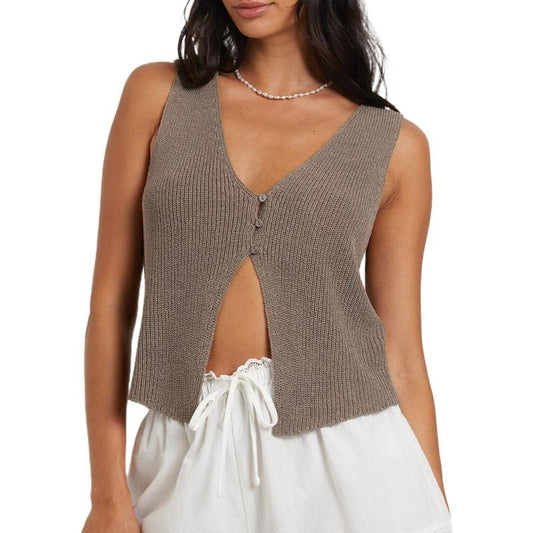 Women's Knitted Tank Tops Sleeveless Deep V Neck Solid Color Button Down Slim Fit Vest Tops Basic Womenswear