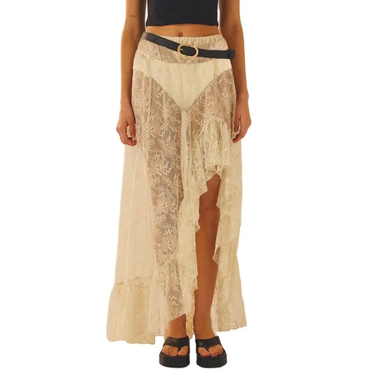 Women's Lace Long Skirts Vintage High Waist Solid Color Asymmetrical Hem Ruffle Midi Skirts Flowy Skirts Womenswear Bottom