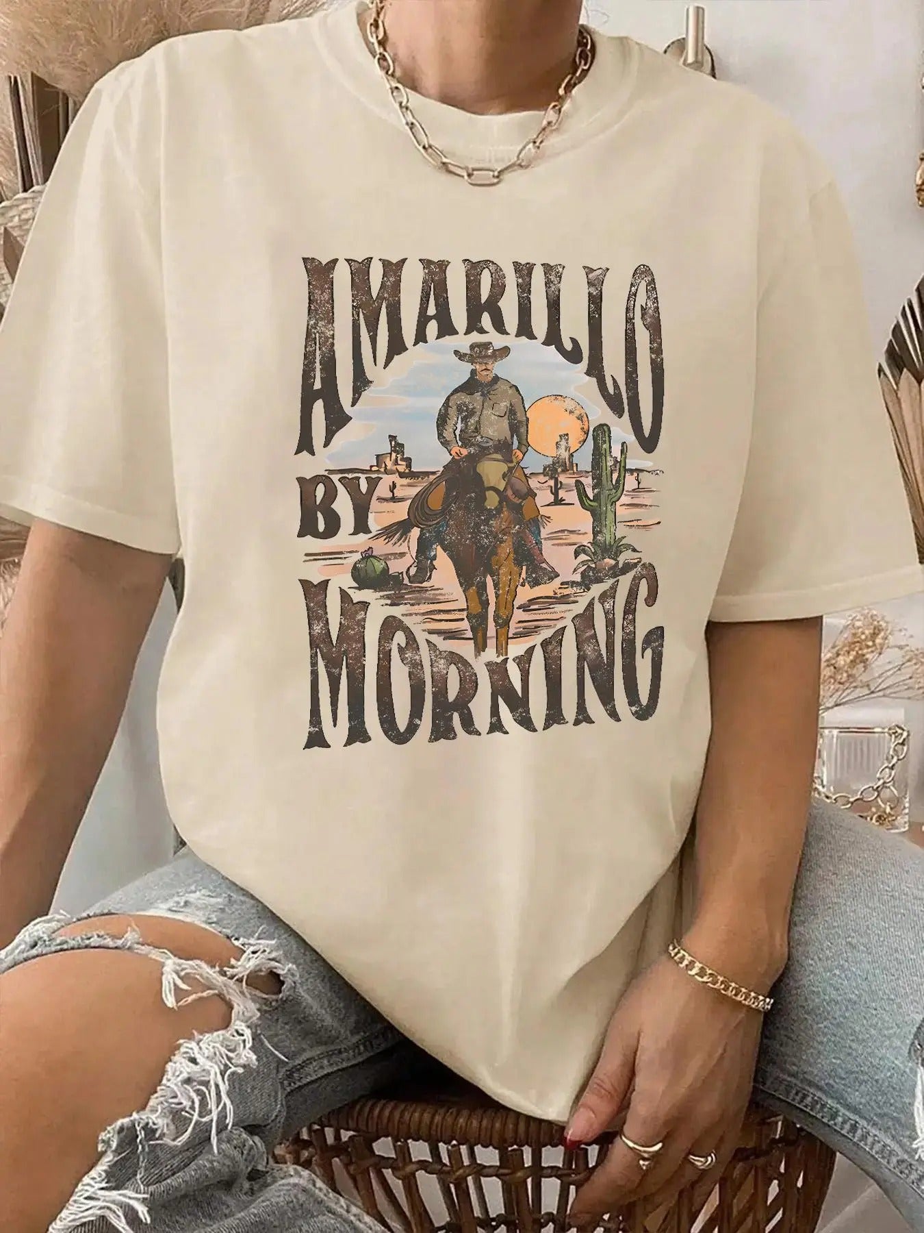 Women's Landscape Print & Letter Print Round Neck Graphic Tee, Vintage Trendy Casual Drop Shoulder Short Sleeve T-shirt For Daily Wear, Ladies All Seasons Outfit